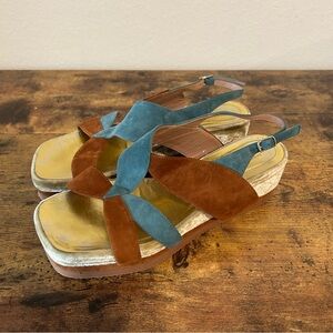 Dries Van Noten Suede Teal and Rust Brown Platform Sandals